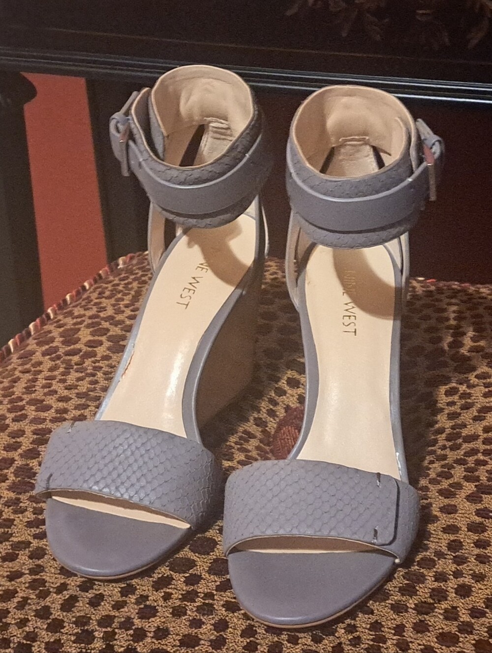 Nine West Light Gray Ankle-Strap Wedge Sandals